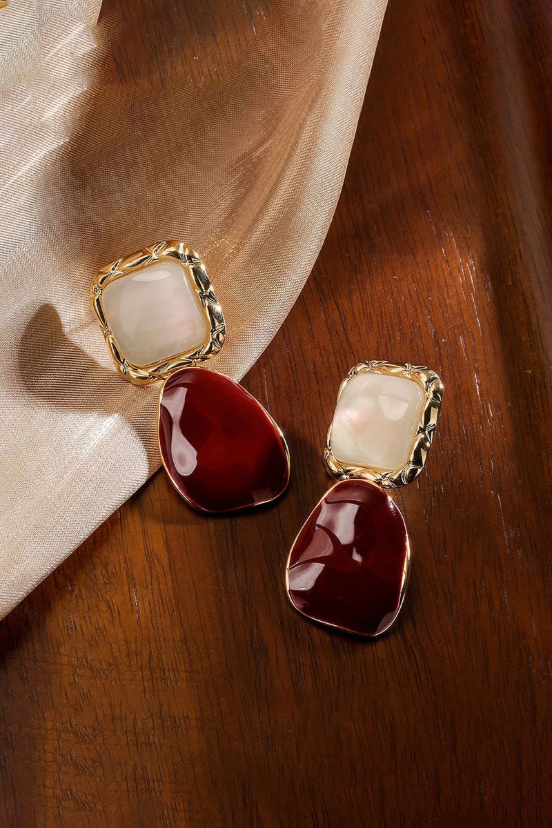 Asymmetrical Square Earrings - MISMIMCAJE2412260063-BURGUNDY-F