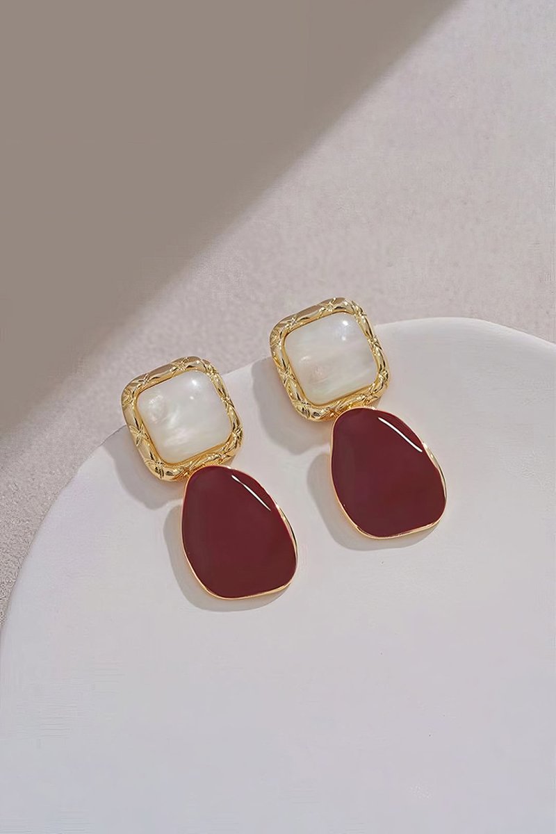 Asymmetrical Square Earrings - MISMIMCAJE2412260063-BURGUNDY-F