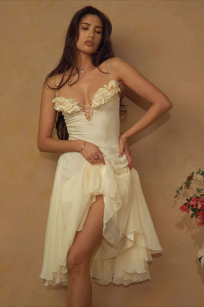 3D Flower Deep V Patchwork Spaghetti Strap Romantic Party Dress