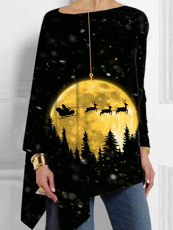 Christmas Eve Printed Mid-Length Irregular Women's Tops