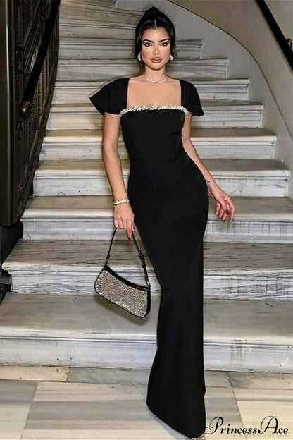 Bandage Rhinestone Square Neck Raglan Sleeve Party Dress