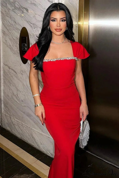 Bandage Rhinestone Square Neck Raglan Sleeve Party Dress