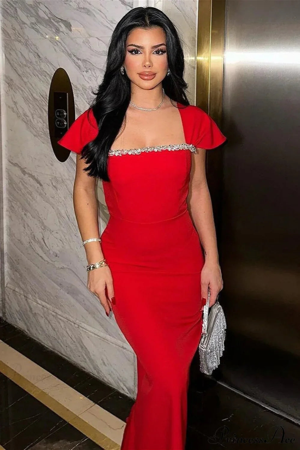 Bandage Rhinestone Square Neck Raglan Sleeve Party Dress