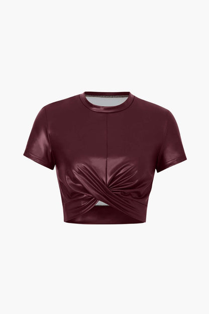 Basic Faux Leather Cropped Tee - MISMIMCWTS2209150004-BURGUNDY-XS