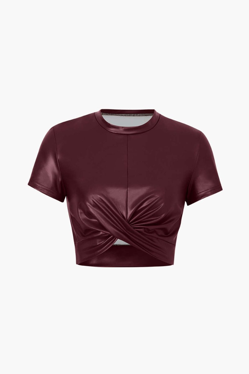 Basic Faux Leather Cropped Tee - MISMIMCWTS2209150004-BURGUNDY-XS