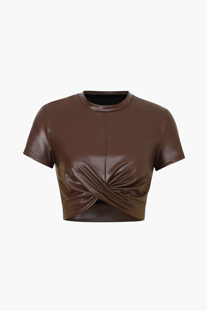 Basic Faux Leather Cropped Tee - MISMIMCWTS2209150004-BROWN-XS