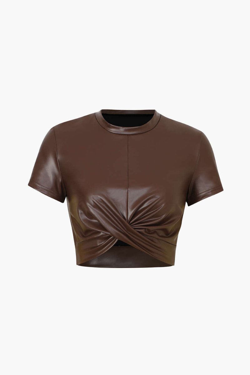 Basic Faux Leather Cropped Tee - MISMIMCWTS2209150004-BROWN-XS