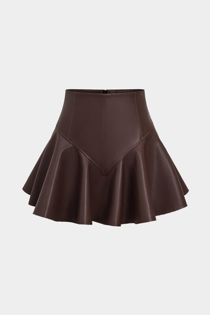 Basic Faux Leather Ruched Mini Skirt - MISMIMCWBK2408140044-BURGUNDY-XS