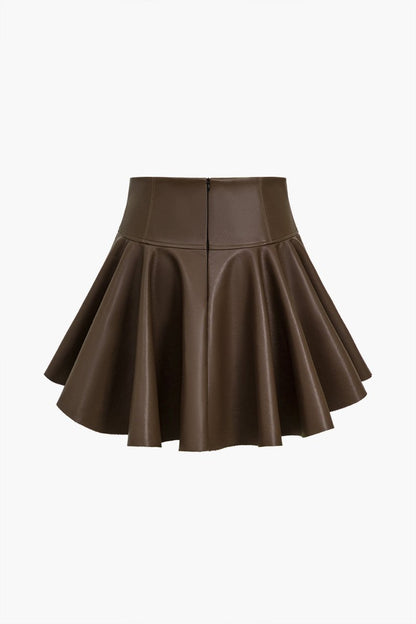 Basic Faux Leather Ruched Mini Skirt - MISMIMCWBK2408140044-BROWN-XS