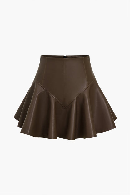 Basic Faux Leather Ruched Mini Skirt - MISMIMCWBK2408140044-BROWN-XS
