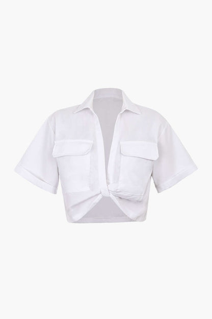 Basic Flap Pocket Twist Hem Shirt - MISMIMCWTB2206240001-WHITE-XXS