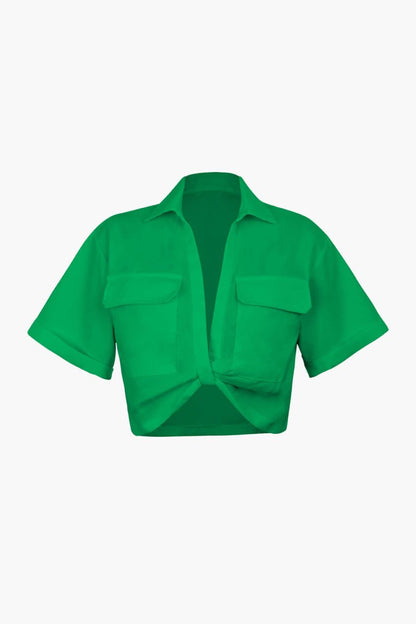 Basic Flap Pocket Twist Hem Shirt - MISMIMCWTB2206240001-GREEN-XS