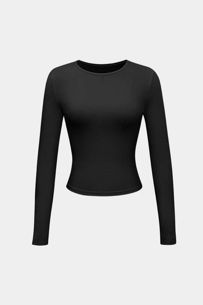 Basic Solid Round Neck Long Sleeve Top - MISMIMCWTL2307250061-BLACK-XS