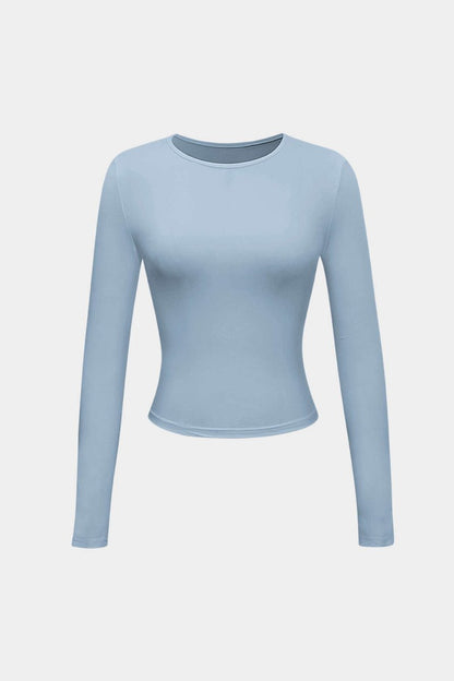 Basic Solid Round Neck Long Sleeve Top - MISMIMCWTL2307250061-POWDER BLUE-XS