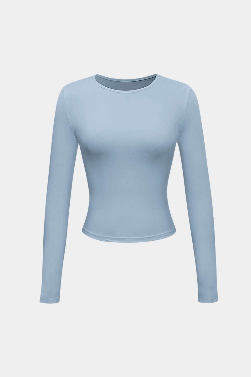 Basic Solid Round Neck Long Sleeve Top - MISMIMCWTL2307250061-POWDER BLUE-XS