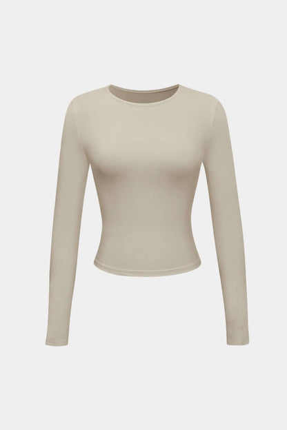 Basic Solid Round Neck Long Sleeve Top - MISMIMCWTL2307250061-KHAKI-XS