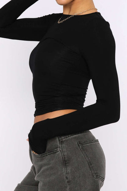 Basic Solid Round Neck Long Sleeve Top - MISMIMCWTL2307250061-BLACK-XS