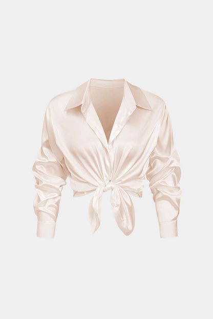 Basic Solid Satin Long - Sleeve Shirt - MISMIMCWTE2408050010-CHAMPAGNE BEIGE-S