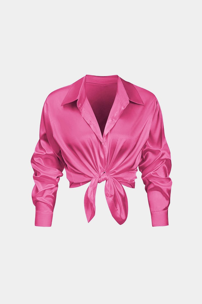 Basic Solid Satin Long - Sleeve Shirt - MISMIMCWTE2408050010-RASPBERRY-S