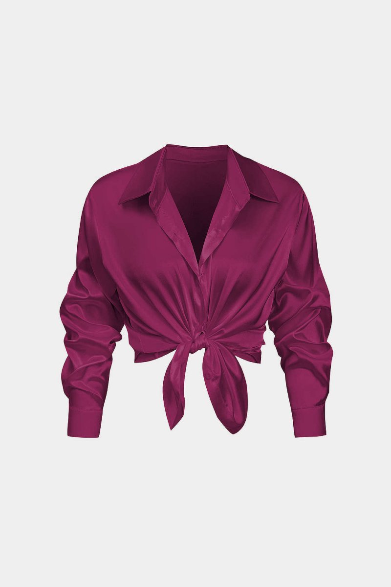 Basic Solid Satin Long - Sleeve Shirt - MISMIMCWTE2408050010-BURGUNDY-S