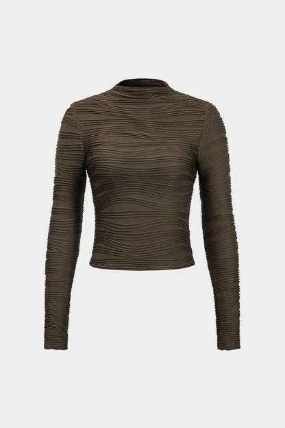 Basic Textured Long - Sleeve Top - MISMIMCWTL2411080145-BROWN-XS