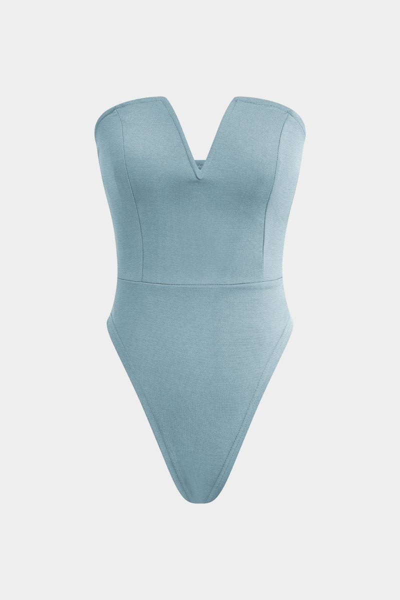 Basic V - neck Strapless Bodysuit - MISMIMCWTO2401250002-BABY BLUE-S