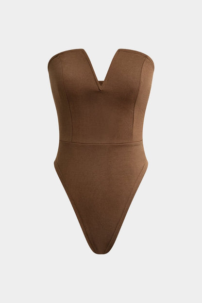 Basic V - neck Strapless Bodysuit - MISMIMCWTO2401250002-BROWN-XS