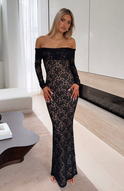 Be My Peace Lace Long Sleeve Maxi Dress Black - MISMIEXDAL2187-1-XXS