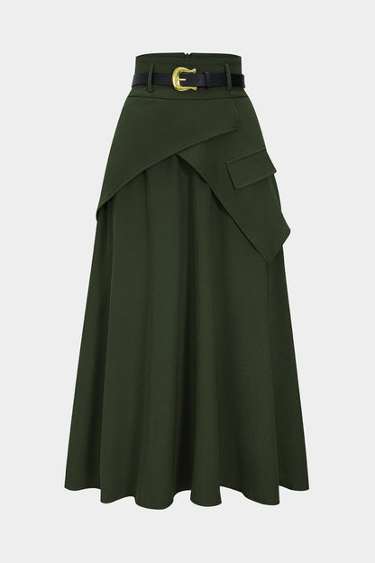 Belted Asymmetrical Ruched High Waist Skirt - MISMIMCWBK2508210088-OLIVE-XS