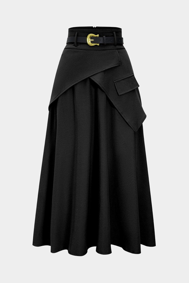 Belted Asymmetrical Ruched High Waist Skirt - MISMIMCWBK2508210088-BLACK-XS