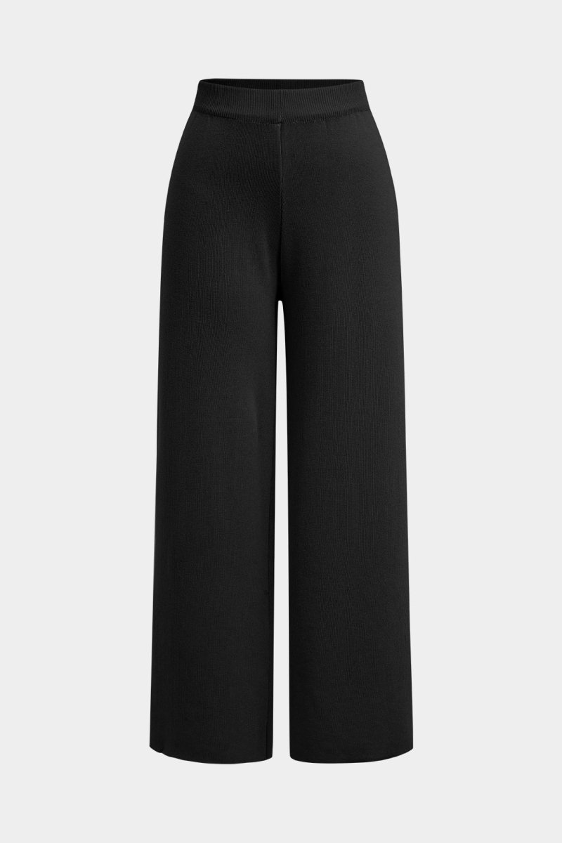 Button Detail Knit Cardigan And Wide - Leg Pants Set - MISMIMCWSC2409290101-BLACK-S