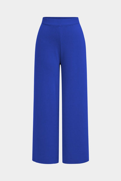 Button Detail Knit Cardigan And Wide - Leg Pants Set - MISMIMCWSC2409290101-BLUE-S