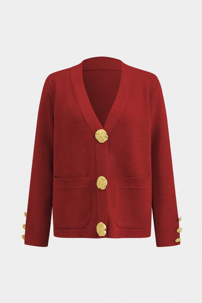 Button Detail Knit Cardigan And Wide - Leg Pants Set - MISMIMCWSC2409290101-RED-S