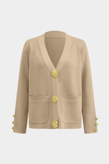 Button Detail Knit Cardigan And Wide - Leg Pants Set - MISMIMCWSC2409290101-KHAKI-S