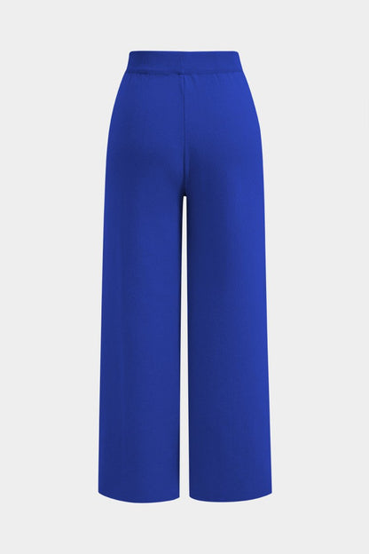 Button Detail Knit Cardigan And Wide - Leg Pants Set - MISMIMCWSC2409290101-BLUE-S