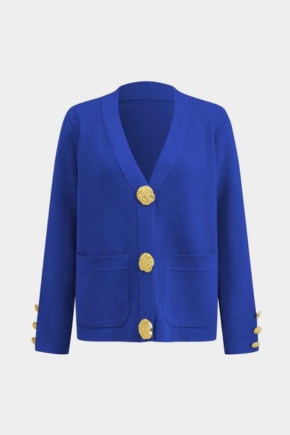 Button Detail Knit Cardigan And Wide - Leg Pants Set - MISMIMCWSC2409290101-BLUE-S