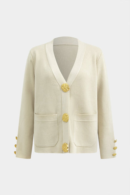 Button Detail Knit Cardigan And Wide - Leg Pants Set - MISMIMCWSC2409290101-BEIGE-S