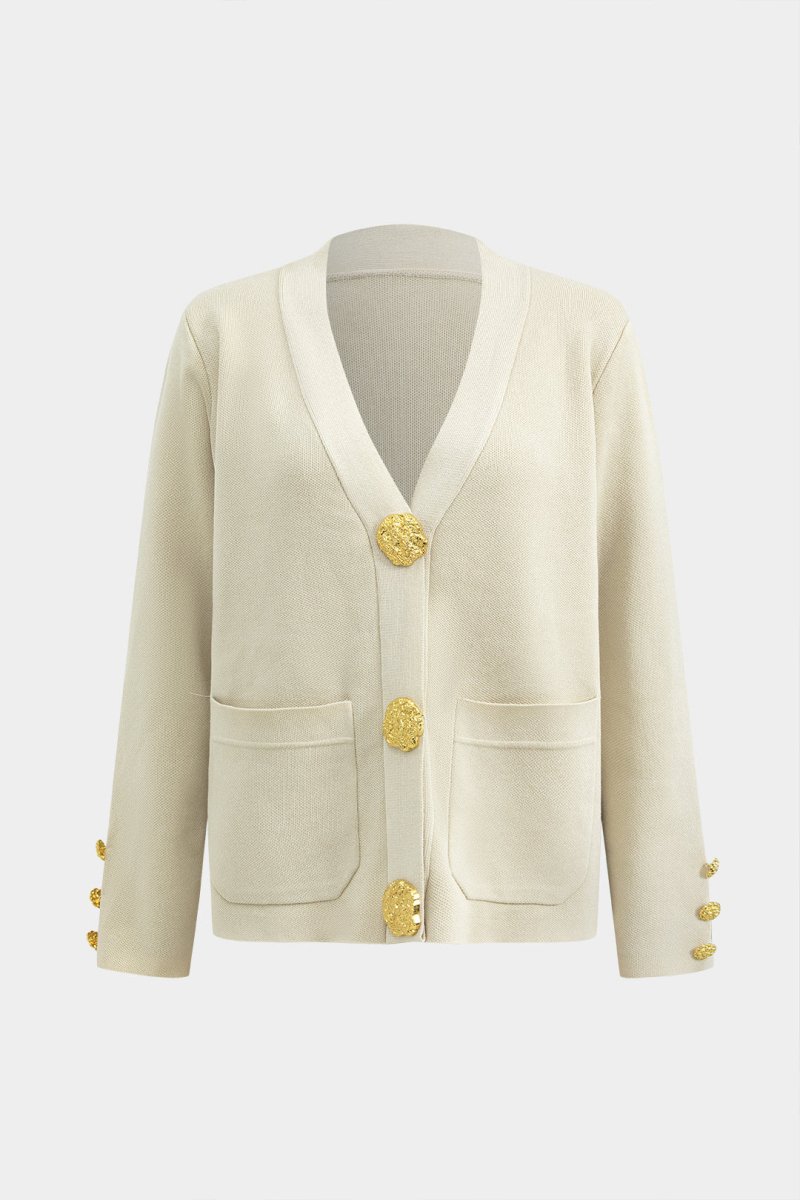 Button Detail Knit Cardigan And Wide - Leg Pants Set - MISMIMCWSC2409290101-BEIGE-S