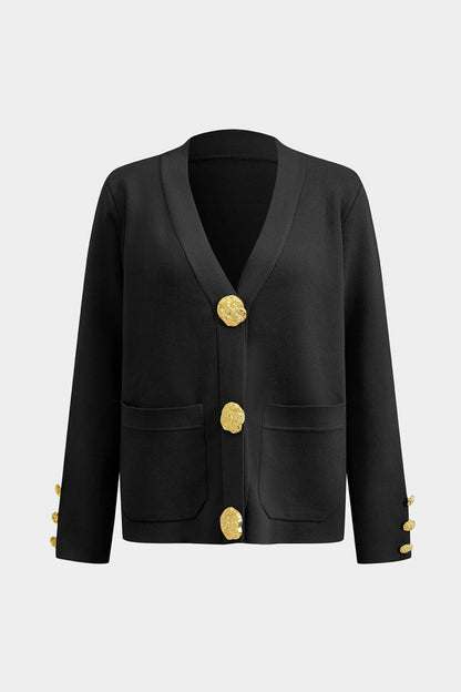 Button Detail Knit Cardigan And Wide - Leg Pants Set - MISMIMCWSC2409290101-BLACK-S