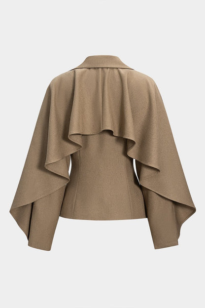 Button Ruffle Ruched Notched Lapel Jacket - MISMIMCWOJ2508130050-KHAKI-XS