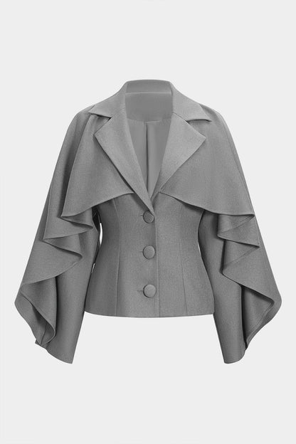 Button Ruffle Ruched Notched Lapel Jacket - MISMIMCWOJ2508130050-GRAY-XS