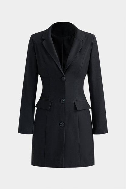 Button V - Neck Pocket Long Sleeve Mini Dress - MISMIMCWDC2412180142-BLACK-XS