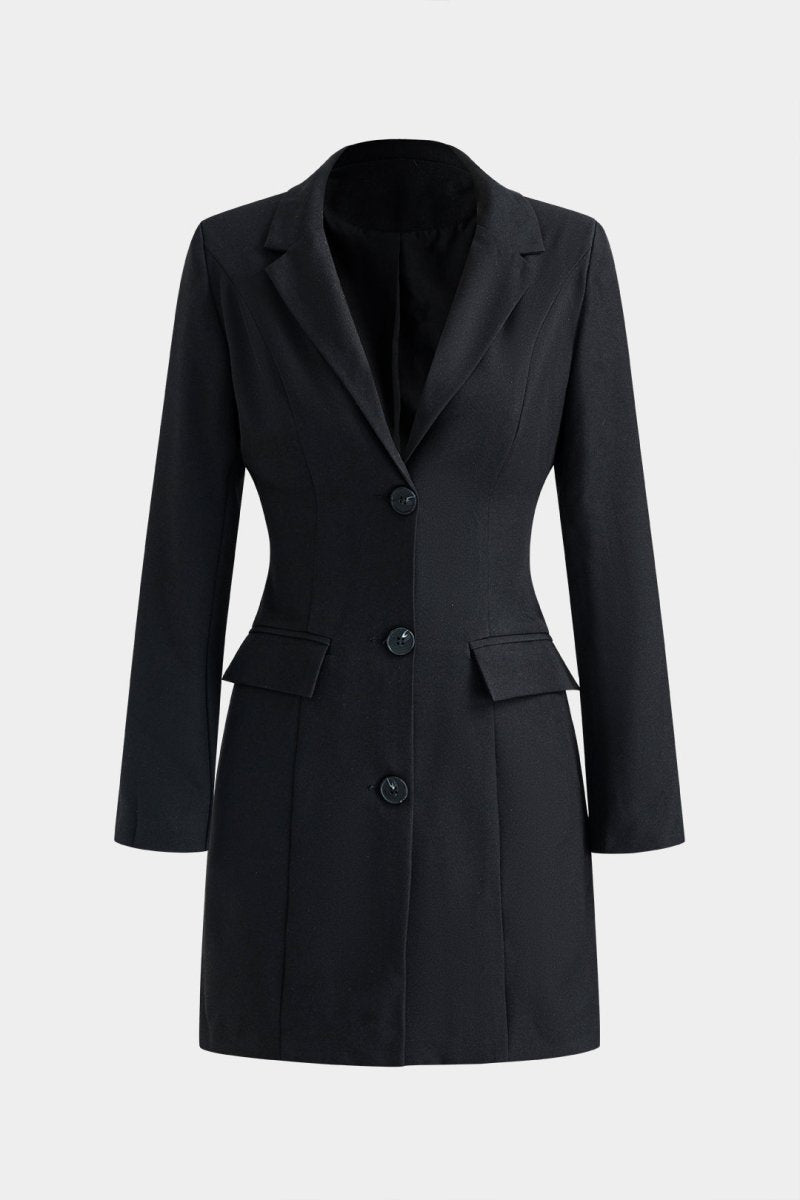 Button V - Neck Pocket Long Sleeve Mini Dress - MISMIMCWDC2412180142-BLACK-XS