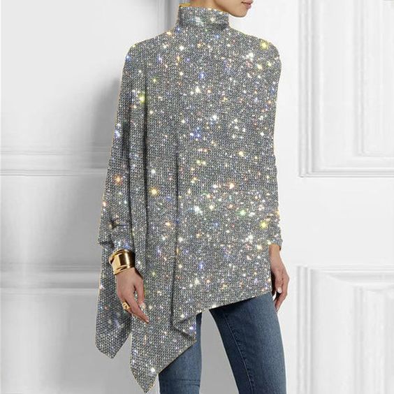 Stylish Shiny Rhinestones Print Turtleneck Women's Top