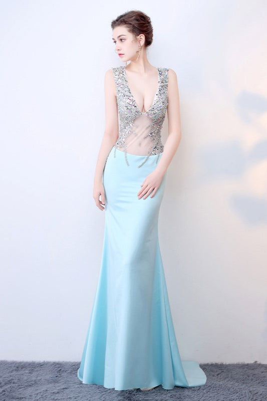 Sheer Blue Deep V Neck Maxi Party Dress