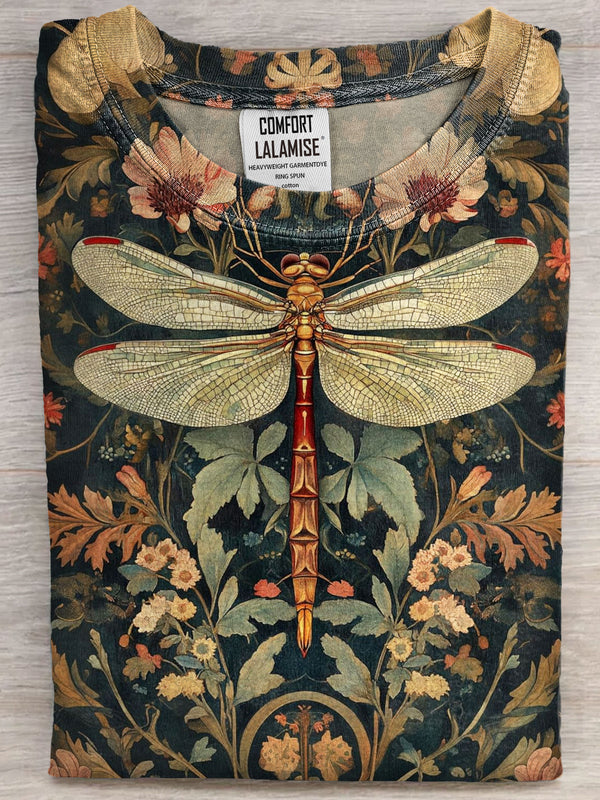 Vintage Floral Dragonfly Art Print Casual Short Sleeve T-shirt