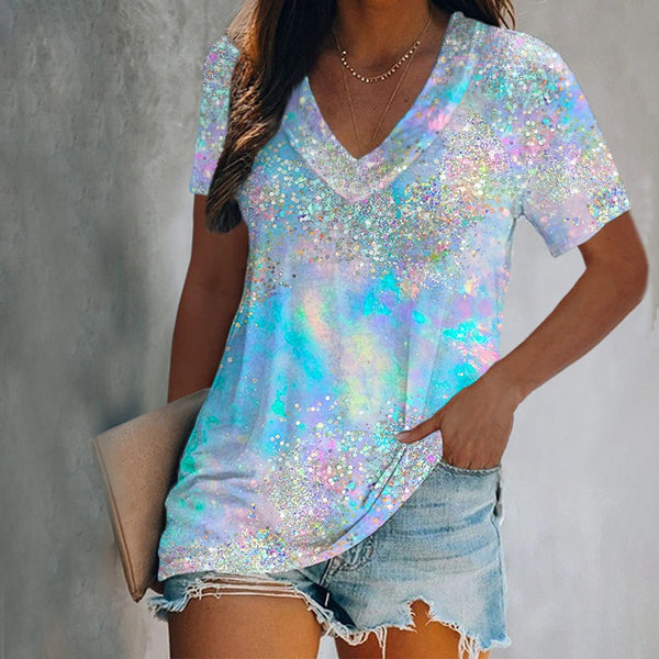 Casual Sequin Print Tie-dye V-Neck T-Shirt