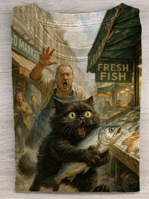 Vintage Cat Funny Art Print T-shirt