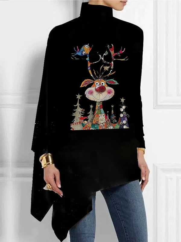 Cute Christmas Deer Printed Turtleneck Mid-Length T-shirt