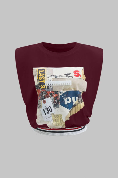 Car Letter Digital Pattern Print Loose Sleeveless T-Shirt - MISMIMCWTS2503100020-BURGUNDY-XS